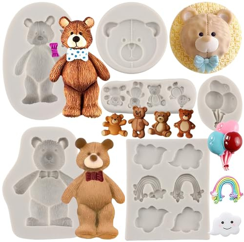 MYPRACS Bär Silikonformen Regenbogen Wolke Fondant Form Set von 6 | Ballon Formen für Baby Shower Kuchen Dekorieren Cupcake Topper Candy Schokolade Polymer Clay Gum Paste