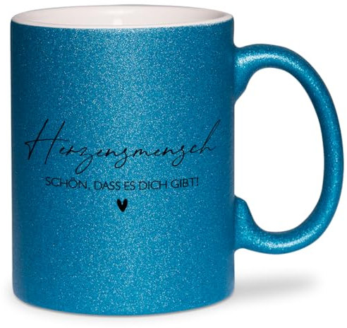 glitzertassen.de® | Herzensmensch - Schön, dass es dich gibt | Tasse mit Glitzer | Geschenkidee | Muttertag | Mama | Kaffeebecher | Keramik | 330 ml | Blau