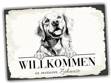 siviwonder Hundeschild Willkommen Zuhause Golden Retriever Goldie Dog Schild Spruch Türschild Warnschild Geschenkidee schöner Spruch Hundemotiv Aluminium Wetterfestes Hundeschild