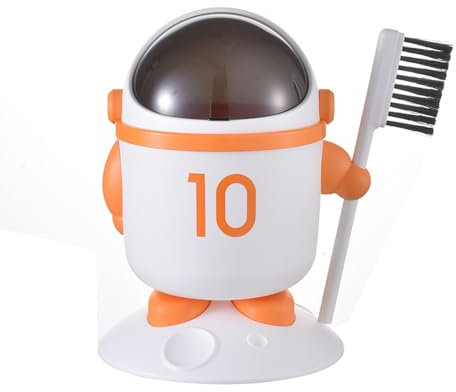 Hosoncovy Cartoon Astronaut Desktop Trash Can with Cleaning Brush Garbage Bin Paper Bin with Lid,Rubbish Storage Bin for Kids Room,Bedroom,Kitchen,Office (Orange)
