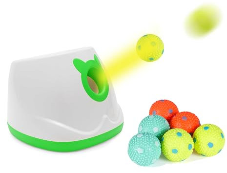 Automatischer Ballwerfer, 4 Startdistanz-Modi, 6 Stück, 5,1 cm, kleine gepunktete Latexbälle enthalten, geeignet für kleine bis mittelgroße Hunde (grün)