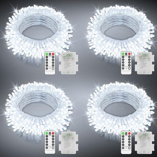 4 Pack Total 40M 400 LED Fairy Lights Battery Operated Clear Wire String Lights Outdoor Christmas Lights with Remote Timer 8 Modes for Outside Garden Indoor Bedroom Decor-Cool White