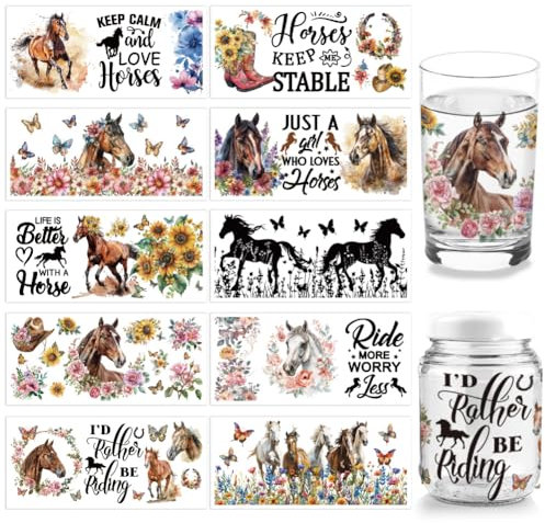 arricraft 10 Sheets Horse UV DTF Cup Wrap for 16OZ Glass, Keep Calm and Love Horses Rub on Decals Butterfly Flower Animal PVC Transfer Stickers for DIY Cups Wood Harness 11x24cm