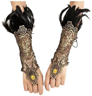 songyea Damen Feder Handschuhe, Vintage Spitzenhandschuhe, Gothic-Netzhandschuhe, Fingerlose Lange Handschuhe für Hochzeit Halloween Cosplay (Schwarz und Gold, Standard)