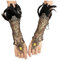 Damen Feder Handschuhe, Vintage Spitzenhandschuhe, Gothic-Netzhandschuhe, Fingerlose Lange Handschuhe für Hochzeit Halloween Cosplay (Schwarz und Gold, Standard)