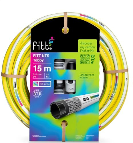 FITT NTS TOBBY 5/8 (15mm) 15m - Robuster und flexibler Gartenschlauch in gelber Farbe für eine intensive Nutzung, mit Regulierspritze und Kupplungen
