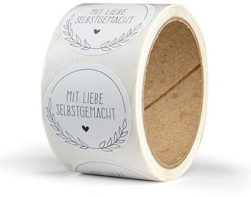 Aufkleber Mit Liebe selbstgemacht – 50 Stück – rund, Ø 4 cm – als Sticker oder Etiketten für Hochzeit, Weihnachten, Einschulung – handmade, Marmeladengläser, Kerzen - ORNAMENT