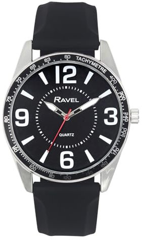 Ravel - Silberfarbene Herrenuhr mit Großen Ziffern und Schwarzem Oberring auf Sportlichem Silikonarmband - Analoges Quarzwerk - RS001.03 - Schwarz