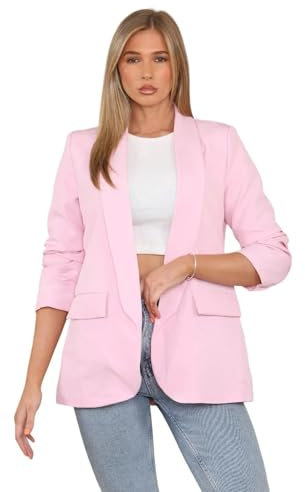 Giacca da donna con maniche arricciate, completamente foderata, con colletto alla moda, stile casual, taglie S-XXL, Rosa confetto, L