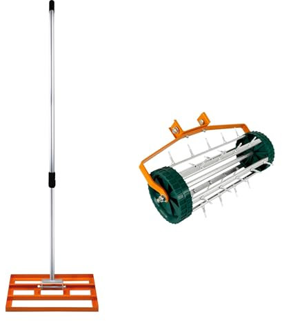 Set 2-in-1 Arieggiatore Manuale e Livellatore per Prato Arancione in Acciaio Zincato e Alluminio con Manico Estensibile fino a 190cm, Base Livellatrice da 50cm e Picchetti da 3,8cm