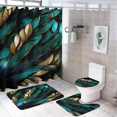 Duschvorhang-Set mit bunten Federn, abstrakter moderner Malstil, Tierfedern, Batikmuster, Badezimmer-Dekor-Set mit Teppichen, inklusive rutschfestem WC-Deckelbezug, Badematte, 4-teilig