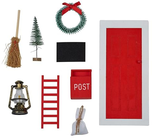 URBNLIVING 9Pcs Miniature Wooden Elf Christmas Village Scene Red & White Door, Xmas Ornaments Fairy Kit, Outdoor Indoor Garden Decorations Accessories for Child Wall Tree DIY Crafts Set