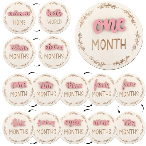 7 Pcs Months Baby Milestone Signs, 3D Pink Baby Monthly Milestone Cards Milestone Wooden Circles for Newborn Boy Girl 1-12 Months Baby Milestone Pictures (Double Sided)