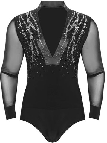 inlzdz Herren Latein Hemd Tanz Oberteil Hemd Langarm V-Ausschnitt Hemdbody mit Strass Tanzbody Leotard Standard Dance Ballroom Outfit Schwarz M