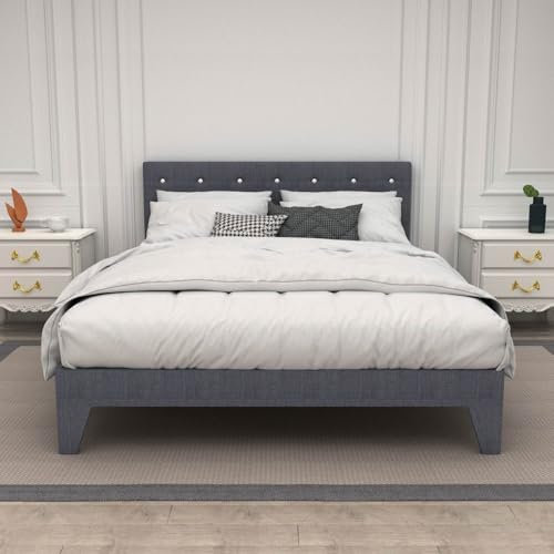 Hroth Double Bed Frame with Headboard, Bedframe Double Bed with Adjustable Headboard,135×190cm Dark Grey Bed Frame,Underbed Storage