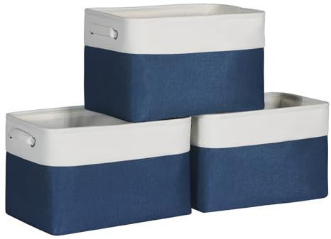 KEEGH Fabric Storage Baskets Set of 3, 15in Storage Boxes for Shelves, Foldable Storage for Hard Bottom Storage, Fabric Basket with Handle, Storage Boxes for Home and Office - White/Blue