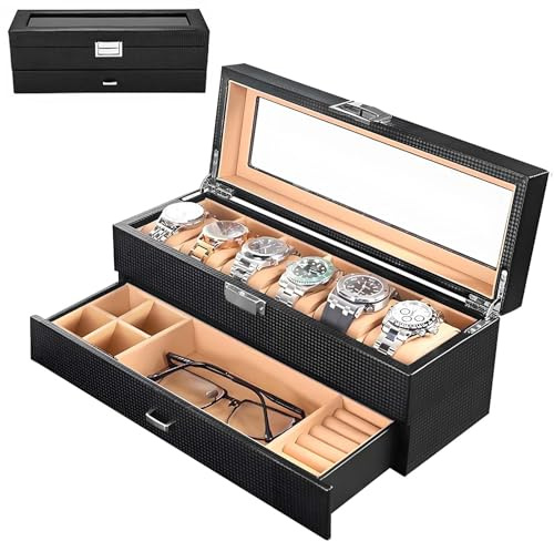 XPOOP Portaorologi con 6 Scomparti, Scatola Espositore per Orologi, Porta Orologi Uomo, Porta Gioielli, Organizer per Occhiali da Sole, Portagioie Uomo con Coperchio in Vetro Trasparente