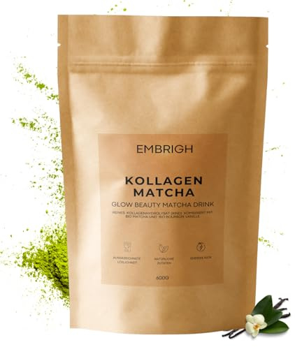 EMBRIGH Matcha Kollagen Pulver 600g – Bio Matcha aus Japan & hydrolysiertes Rinderkollagen – Gesüßt mit Erythrit & echter Vanille – Beauty Collagen, plastikfrei, klumpfrei & leicht löslich