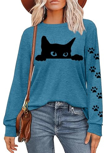 VVNTY Cat Shirt Cat T Shirt Women Meow Printed Shirts Ladies Casual Cute Cats Long Sleeve Top (Blue1,M)