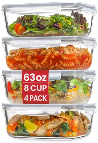 Snuvid 4 Pack 8 Cups/ 63oz Large Glass Storage Containers with Lids, Meal Prep Containers, Glass Food Storage with Airtight Lid for Baking, Leak Proof & Microwave, Oven Safe (4 Containers + 4 Lids)