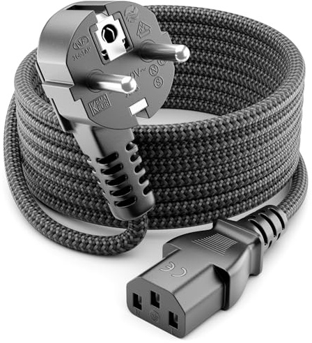 deleyCON 5m Kaltgerätekabel Nylon Typ F auf C13 90° - Grau | Netzkabel Stromkabel Kaltgeräte Strom Kabel, Schutzkontakt 90° Winkel Stecker, für PC, Computer, Monitor, Drucker