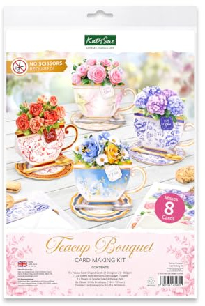 Katy Sue Teacup Bouquet Card Making Kit – Make 8 Freestanding Floral Teacup Easel Cards. Contains Shaped Cards, Die-Cut Decoupage, Adhesive Foam Pads, Envelopes & Instructions for Card Making Supplies