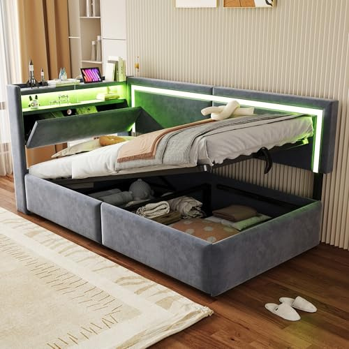 Gxffipw Bett 90x200 cm Polsterbett Tagesbett mit LED Licht und USB Type-C, Hydraulisches Schlafsofa Bett mit Stauraum, Kinderbett Einzelbett Bettgestell mit Lattenrost, Samt, Grau, Ohne Matratze