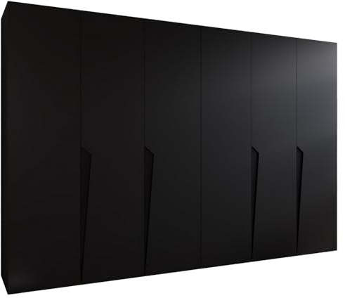 MEBLE KRYSPOL - Kleiderschrank - Garderobenschrank - 300 cm x 202 x 52 cm - Schrank mit Kleiderstange, 6 Türen - für Schlafzimmer, Flur - Piano, Schwarz, Griff Schwarz