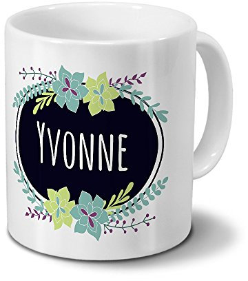printplanet Tasse mit Namen Yvonne - Motiv Flowers - Namenstasse, Kaffeebecher, Mug, Becher, Kaffeetasse - Farbe Weiß