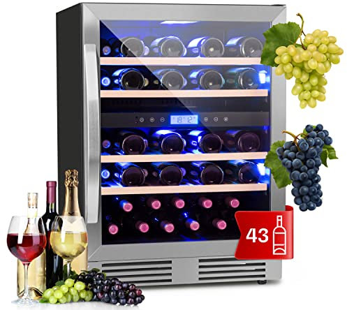 Klarstein Vinoteca para Vinos de 129L Nevera Vino Zona Doble, Botellas Vino, Proseco y Cervezas, Vinoteca Pequeña Puerta Cristal para Interior y Exterior, Nevera para Vinos Capacidad 43 Botellas