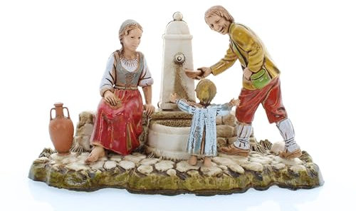 Moranduzzo Familia en la Fuente para Belén de 10 Cm Escala 1:20 - Figuras de Belén Indestructibles - Estilo 700', Pintura Acabada a Mano, Producto Oficial, Escultor M. Landi