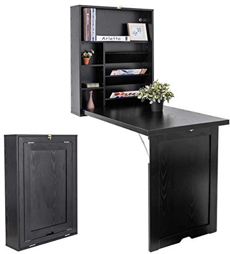 COSTWAY Mesa de Ordenador de Pared Plegable Escritorio de Madera Portátil Estantería para Trabajo Comedor Cocina (Negro)