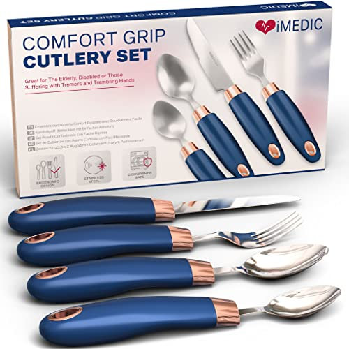 iMedic Easy Grip Cutlery for Adult - 1 Set of Cutlery for Disabled Hands - Dishwasher Safe Disabled Cutlery for Adults - Disability Cutlery for Adults Suffering from Trembling Hands - Blue/Gold
