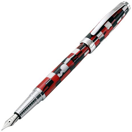 Xezo Stylo plume Urbanite II, plume fine. Acrylique à damier sportif rouge, noir et blanc sur laiton. Plaqué chrome. Fabriqué à la main, édition limitée, numéroté