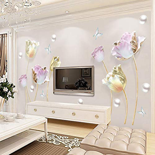 COVPAW® Wandtattoo Wandaufkleber XXL Tulpe Lila Perle Blumen Wandsticker Wandbild Bilder Wohnzimmer Schlafzimmer Deco