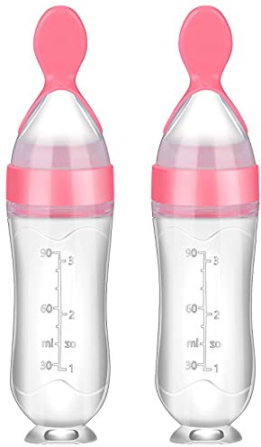 Nuanchu 2 Pieces Baby Spoon Feeder Squeeze Food Feeder Toddler Food Spoon Feeder Dispensing Spoon Suction Cup Design Feeder for Baby Toddlers Boys Girl(Pink)