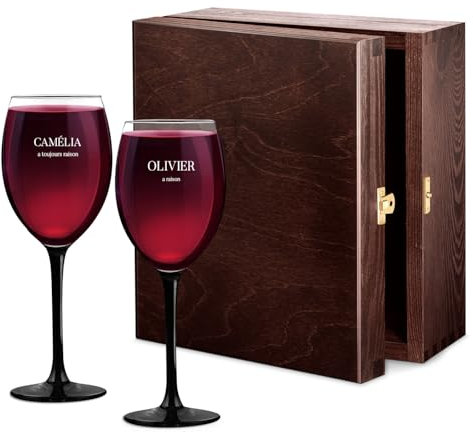 Maverton Ensemble de 2 Verres à vin Personnalisés - 330ml Verre a vin rouge et blanc - Cadeau Personnalisé pour Parents - Cadeau Couple - Classic Verre à pied noir - Noel - Raison