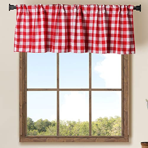 Fenstervolants aus Baumwolle, Büffelkaro, Rot und Weiß, Bauernhaus-Design, Fensterbehandlung, Dekoration, Vorhänge, Stangentaschen, Volants für Küche/Wohnzimmer, 40,6 x 142,2 cm, Rot und Weiß, 2 Stück