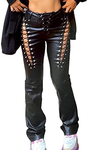 xxxiticat Women's Lace Up PU Leather Pants Chic High Waist Hollow Out Drawstring Bandage Cut Out Faux Leather Trousers(BL,L) Black