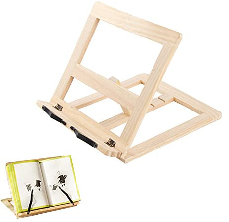 Support de Livre en Bois. Porte-Livre avec 2 Supports de Page en Métal. Support pliable et réglable pour Ipad/Tablette/Livres de Cuisine/Support de Document de Bureau