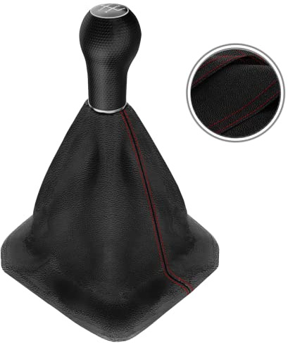Schaltsack & Schaltknauf für VW Golf 2 3 4 Polo 6N für Passat 35i - 5 Gang - Schwarz - Rot - Chrom - Schaltmanschette Schalthebel Manschette für Schaltung - Knauf Hebel Schaltgetriebe 12mm - A0254-13