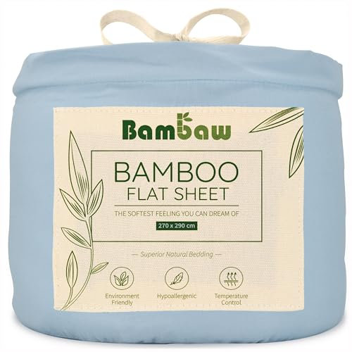 Bambaw Bambus Bettlaken ohne Gummizug 270x290 cm, nachhaltige Bambus Bettwäsche, atmungsaktive und kühlende Laken, hautfreundliche Anti Allergie Bettwäsche, weiche Bettlaken Sommer kühlend (Hellblau)