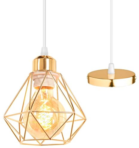 TOKIUS Pendelleuchte Vintage Industrial Hängelampe mit Geometrischem Design E27 Lampe aus Eisen Käfig Lampenschirm Retro Hängeleuchte für Esstisch Küche (Pendelleuchte 1-flammig, Gold Ø 160mm)