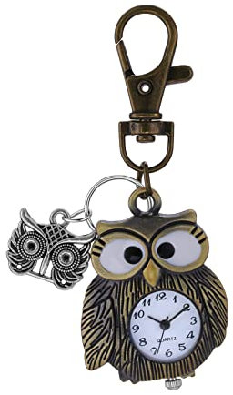 JewelryWe Eule Uhr mit Karabiner Schlüsselanhänger: Herren Damen Karabineruhr Retro Bronze Überraschte Eule Analog Quarz Taschenuhr mit Weiß Rundem Digital Zifferblatt
