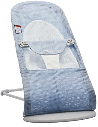 BabyBjörn Bouncer Balance Soft, hellgrauer Rahmen, Mesh, Himmelblau/Weiß, 2-in-1 verstellbarer Baby-Hüpfsitz und Kleinkindstuhl, Neugeborenes bis Kleinkind (3,6–13,2 kg), 4 Positionen, leicht und