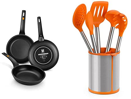 BRA Efficient-Set de 3 sartenes, 20-24-28 cm, aluminio fundido con antiadherente Platinum Plus, NEGRO [Amazon Exclusive] & Efficient Conjunto De 5 Utensilios De Cocina Y Carrusel, Acero INOX, Naranja