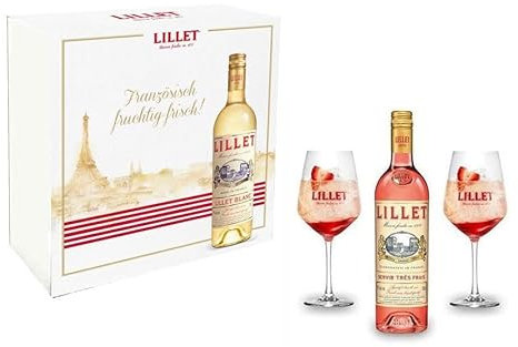 Lillet Geschenkset - Lillet Rose Aperitiv de France 750ml (17% Vol) Aperitifwein + 2 Weingläser in Geschenkbox