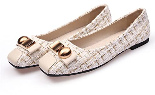 MACHSWON Women's Flat Fashion Buckle Flats Shoes Women Square Toe Slip On Womens Pumps Dolly Shoes (Beige, Size 5)