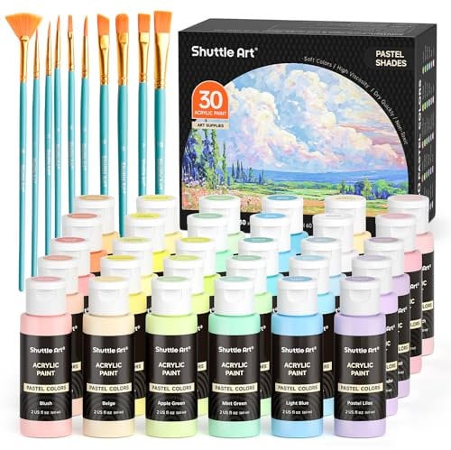 Shuttle Art Pintura Acrílica Pastel, 30 Colores Pastel Acrílico (60 ml) con 10 Pinceles, Acrylic Paint Impermeable, Pintura para Tela Lienzo Piedra, Acrilicos para Pintar para Artistas, Principiantes