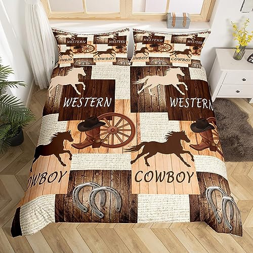 Castle Fairy Western Cowboy Bettbezug Twin Size Rustikales Bauernhaus Bettwäsche-Set 2-teilig für Kinder Mädchen Jungen Teenager Zimmer Dekor Geometrisch Plaid Tröster Bezug Retro Braun Pferd